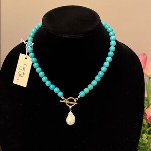 Elegant Turquoise and Gold Necklace with Pearl Pendant